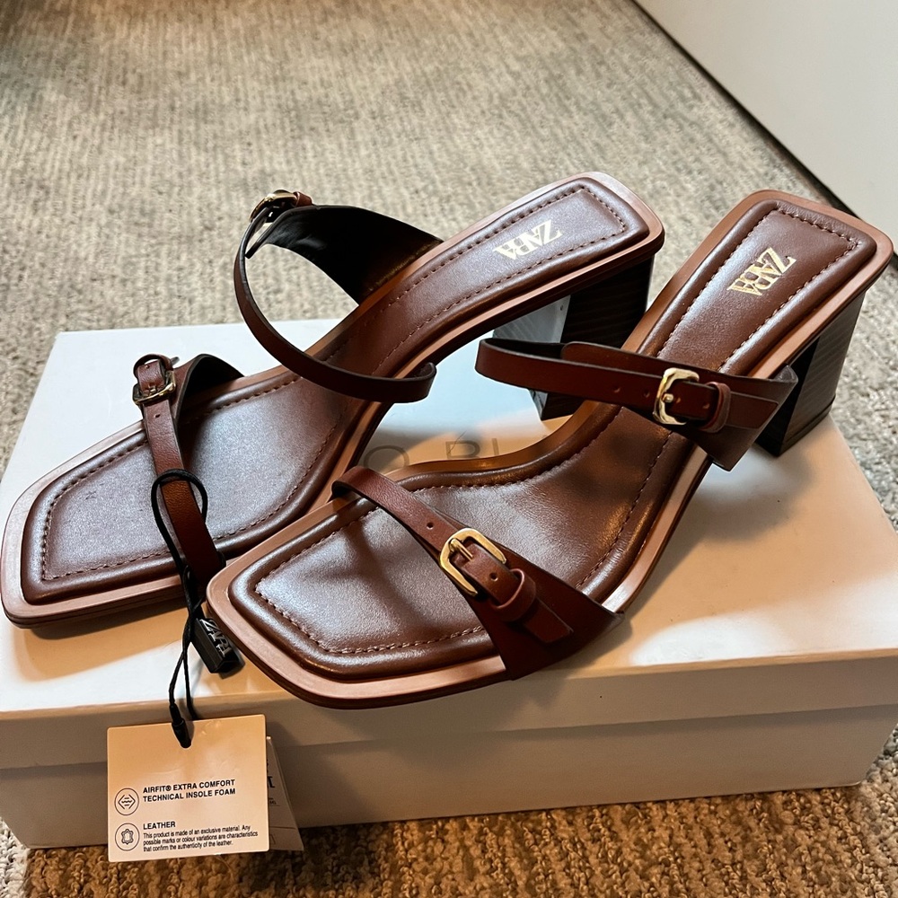Brown block leather mule heel | Zara brown block heel NWT